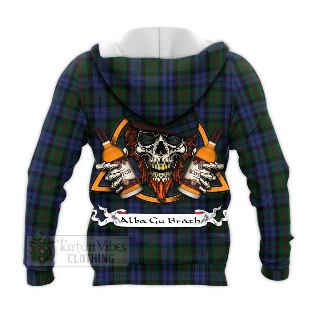 Tartan Vibes Clothing Baird Tartan Knitted Hoodie with Family Crest and Bearded Skull Holding Bottles of Whiskey