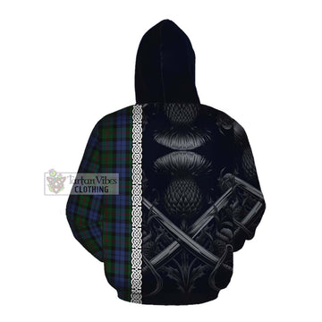 Baird Tartan Cotton Hoodie with Family Crest Cross Sword Thistle Celtic Vibes