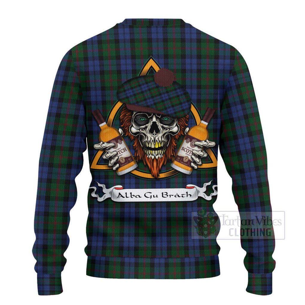 Tartan Vibes Clothing Baird Tartan Knitted Sweater with Family Crest and Bearded Skull Holding Bottles of Whiskey