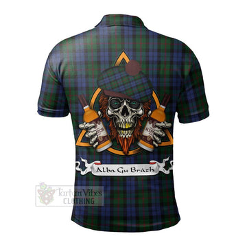 Baird Tartan Polo Shirt with Family Crest and Bearded Skull Holding Bottles of Whiskey