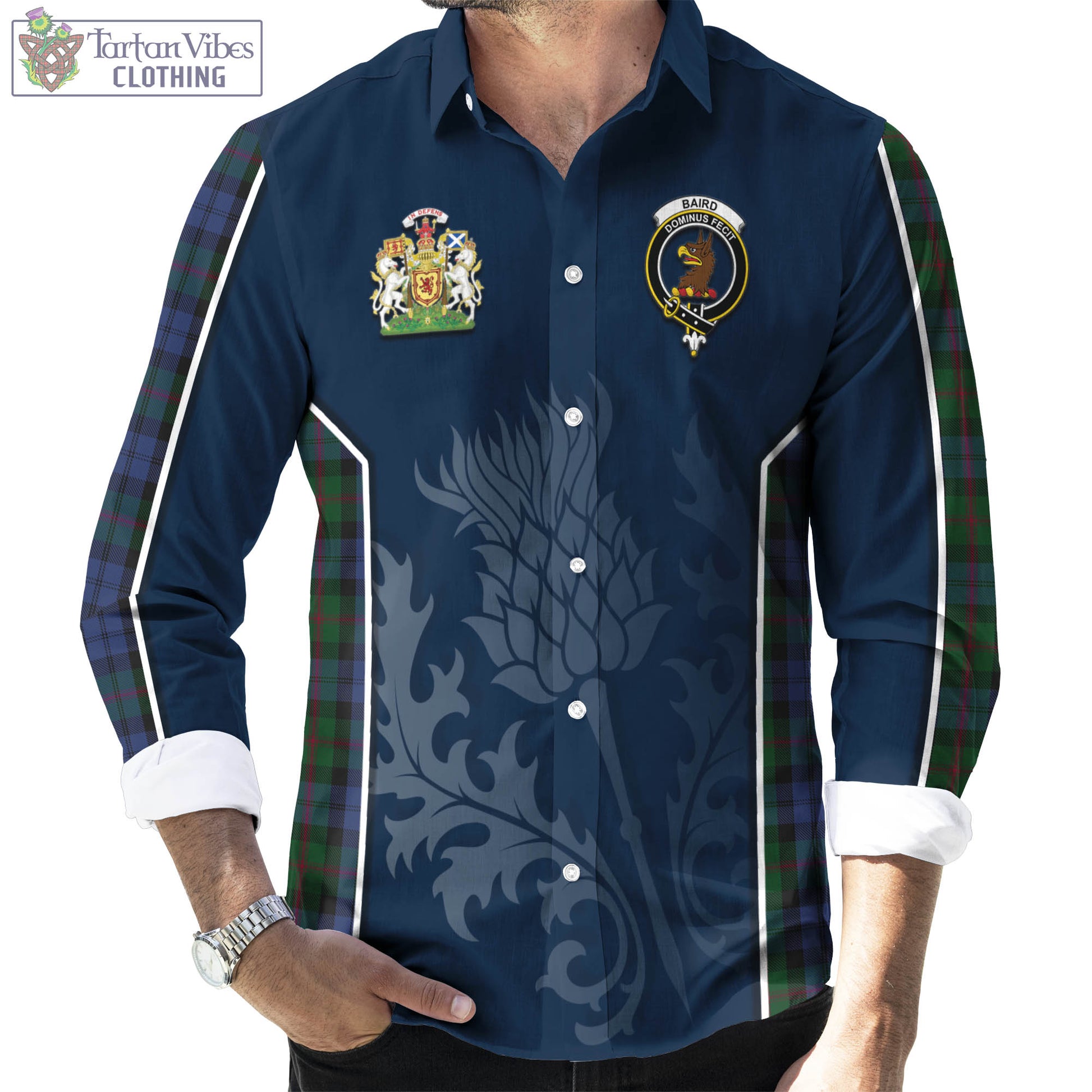 Tartan Vibes Clothing Baird Tartan Long Sleeve Button Up Shirt with Family Crest and Scottish Thistle Vibes Sport Style