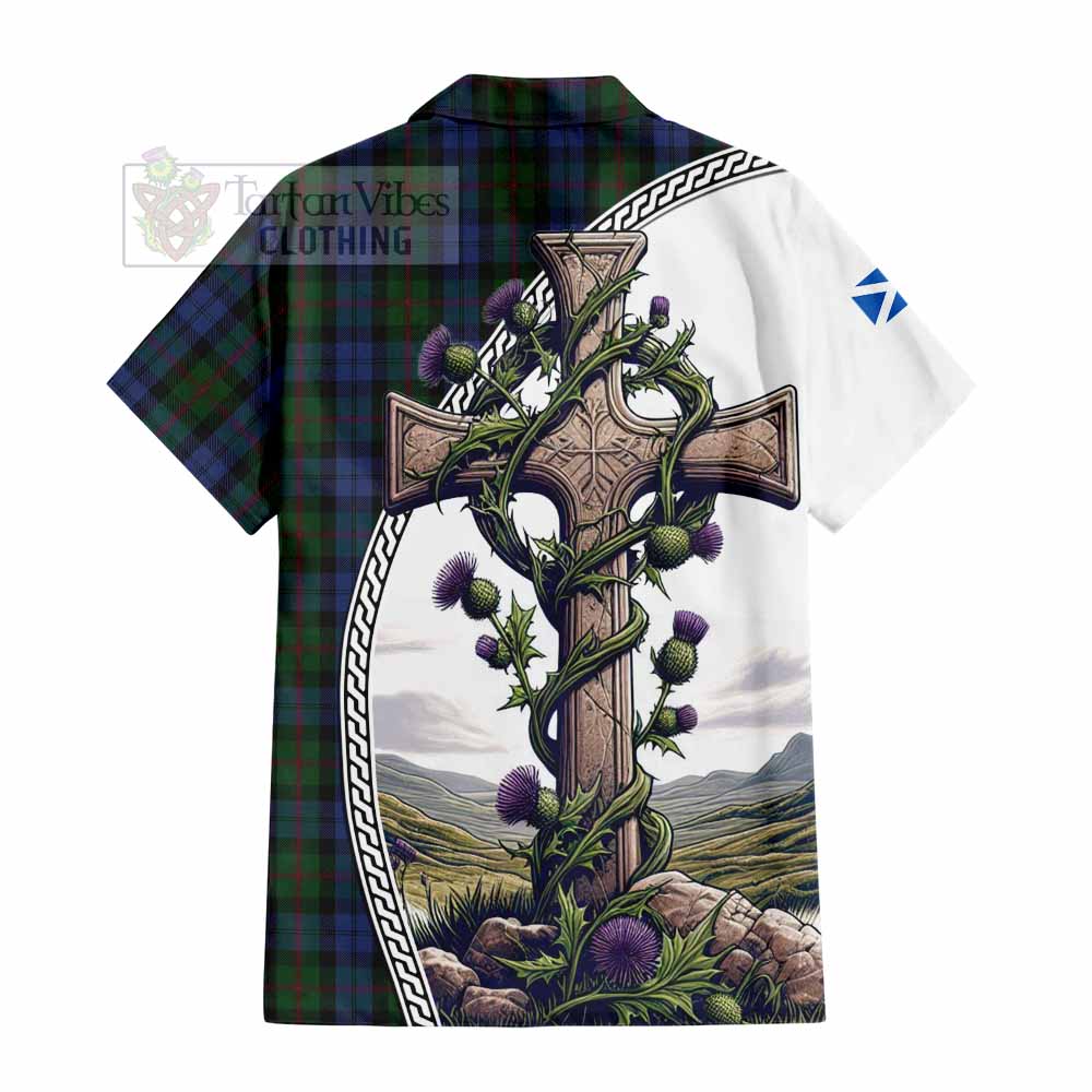 Tartan Vibes Clothing Baird Tartan Short Sleeve Button Shirt with Family Crest and St. Andrew's Cross Accented by Thistle Vines