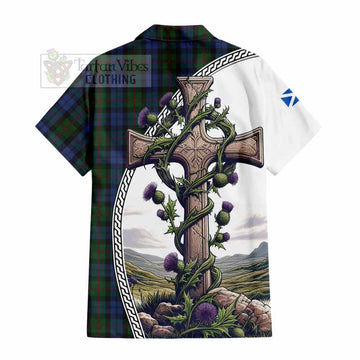 Baird Tartan Short Sleeve Button Shirt with Family Crest and St. Andrew's Cross Accented by Thistle Vines