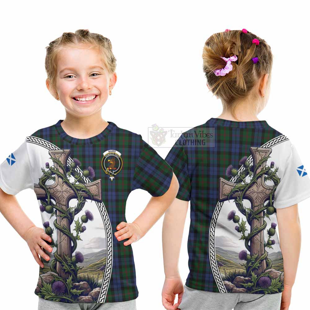 Tartan Vibes Clothing Baird Tartan Kid T-Shirt with Family Crest and St. Andrew's Cross Accented by Thistle Vines