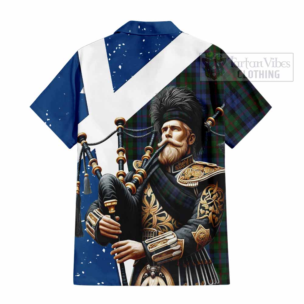 Tartan Vibes Clothing Baird Tartan Short Sleeve Button Shirt with Family Crest Scottish Bagpiper Vibes