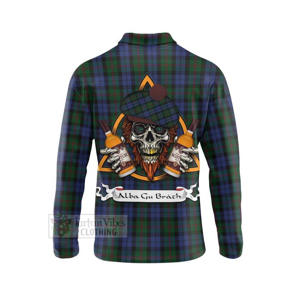 Tartan Vibes Clothing Baird Tartan Long Sleeve Polo Shirt with Family Crest and Bearded Skull Holding Bottles of Whiskey