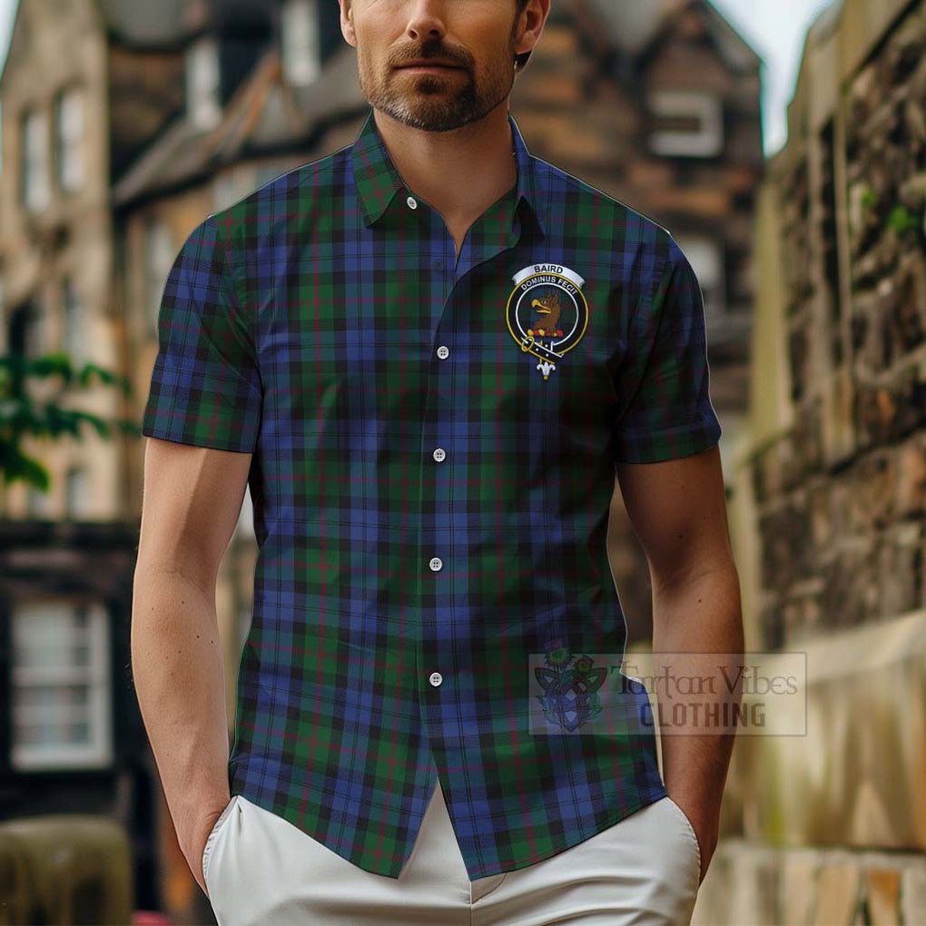 Tartan Vibes Clothing Baird Tartan Short Sleeve Button Shirt with Family Crest Celtic Skull Style