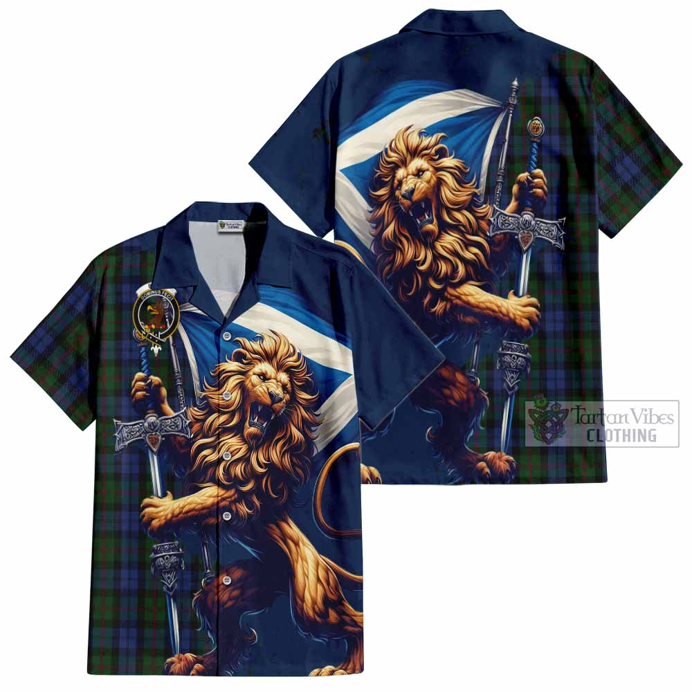 Tartan Vibes Clothing Baird Tartan Family Crest Short Sleeve Button Shirt with Scottish Majestic Lion