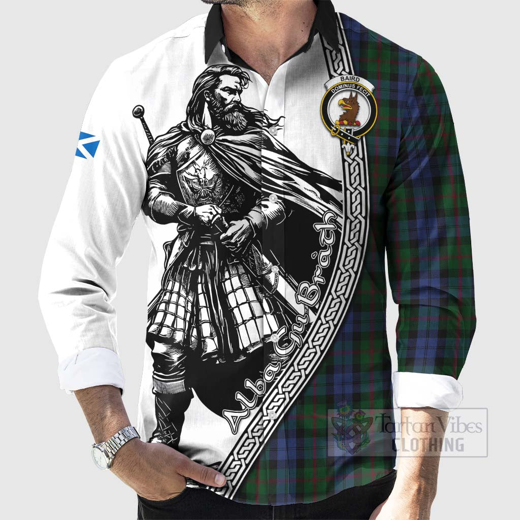 Tartan Vibes Clothing Baird Tartan Clan Crest Long Sleeve Button Shirt with Highlander Warrior Celtic Style