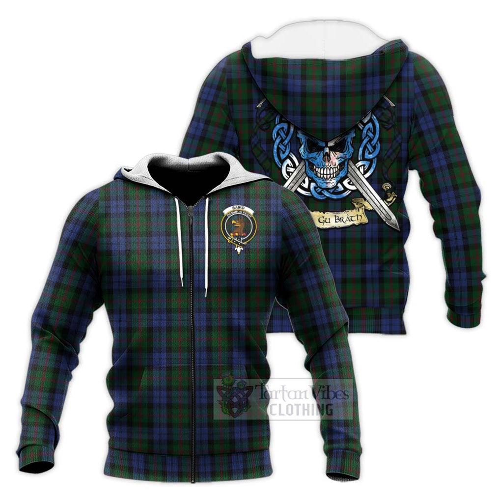 Tartan Vibes Clothing Baird Tartan Knitted Hoodie with Family Crest Celtic Skull Style