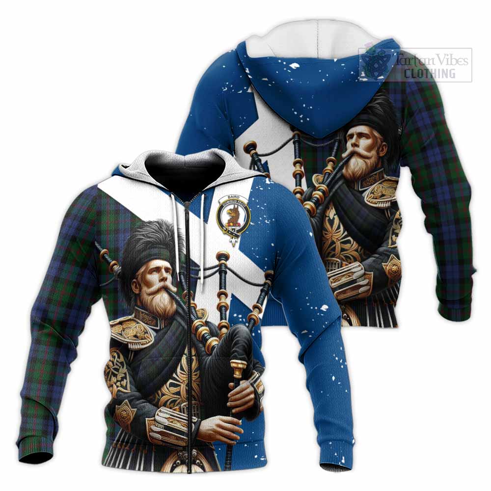 Tartan Vibes Clothing Baird Tartan Knitted Hoodie with Family Crest Scottish Bagpiper Vibes