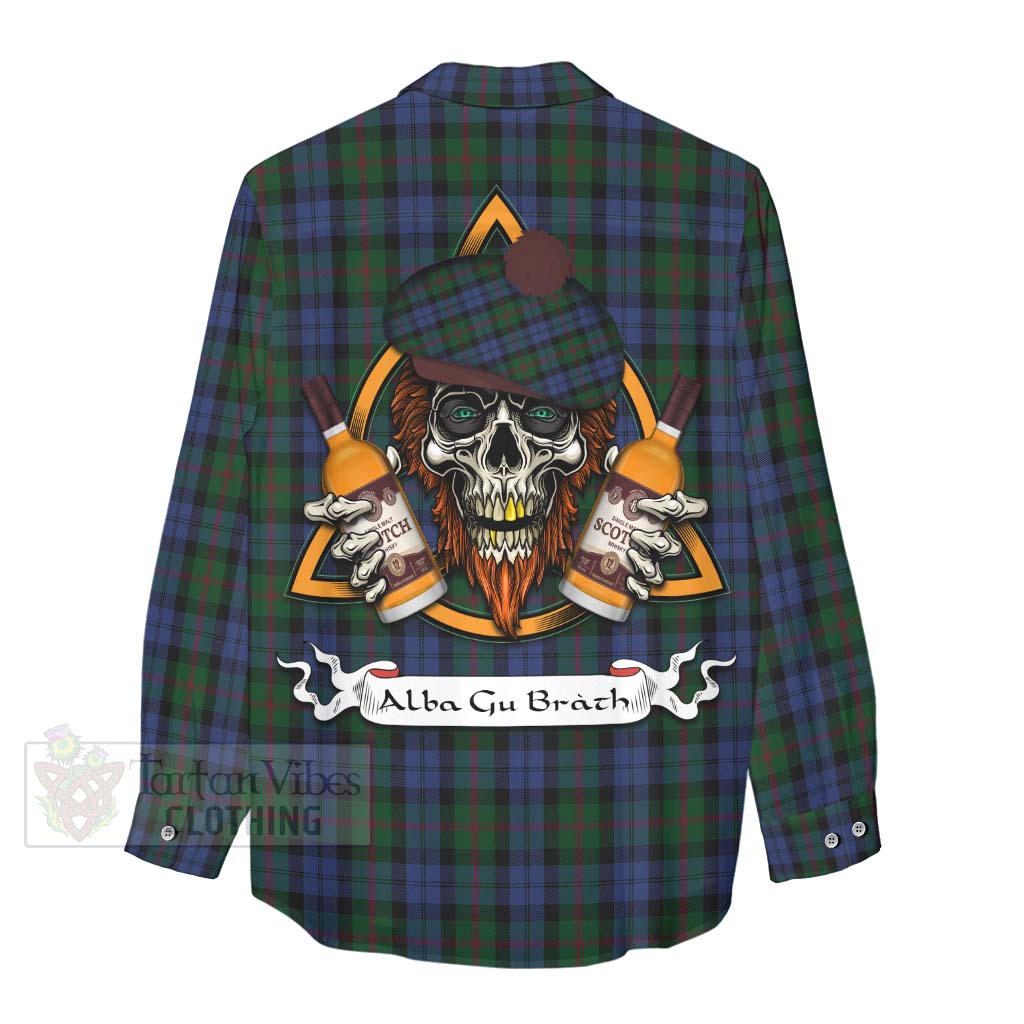 Tartan Vibes Clothing Baird Tartan Women's Casual Shirt with Family Crest and Bearded Skull Holding Bottles of Whiskey