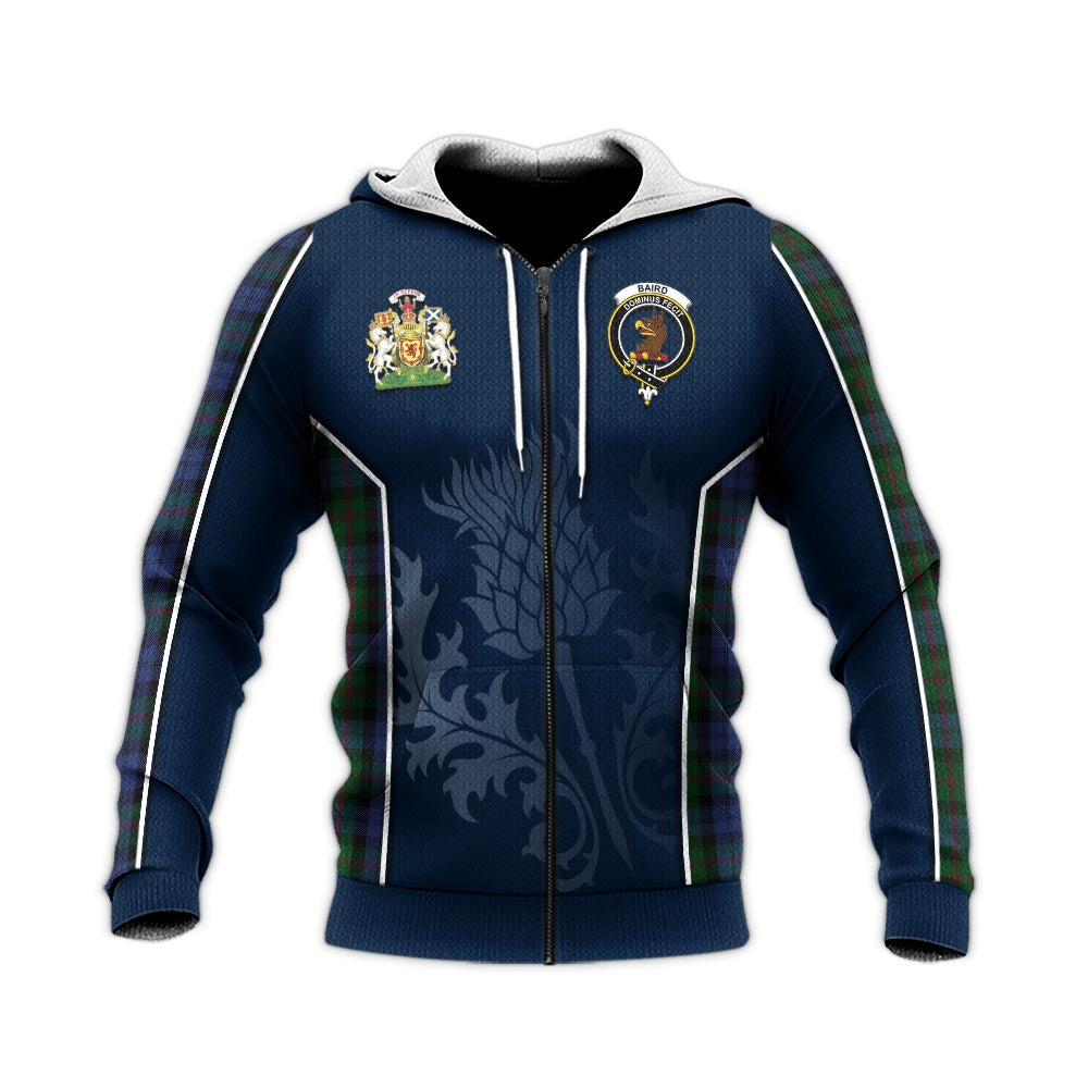 Tartan Vibes Clothing Baird Tartan Knitted Hoodie with Family Crest and Scottish Thistle Vibes Sport Style