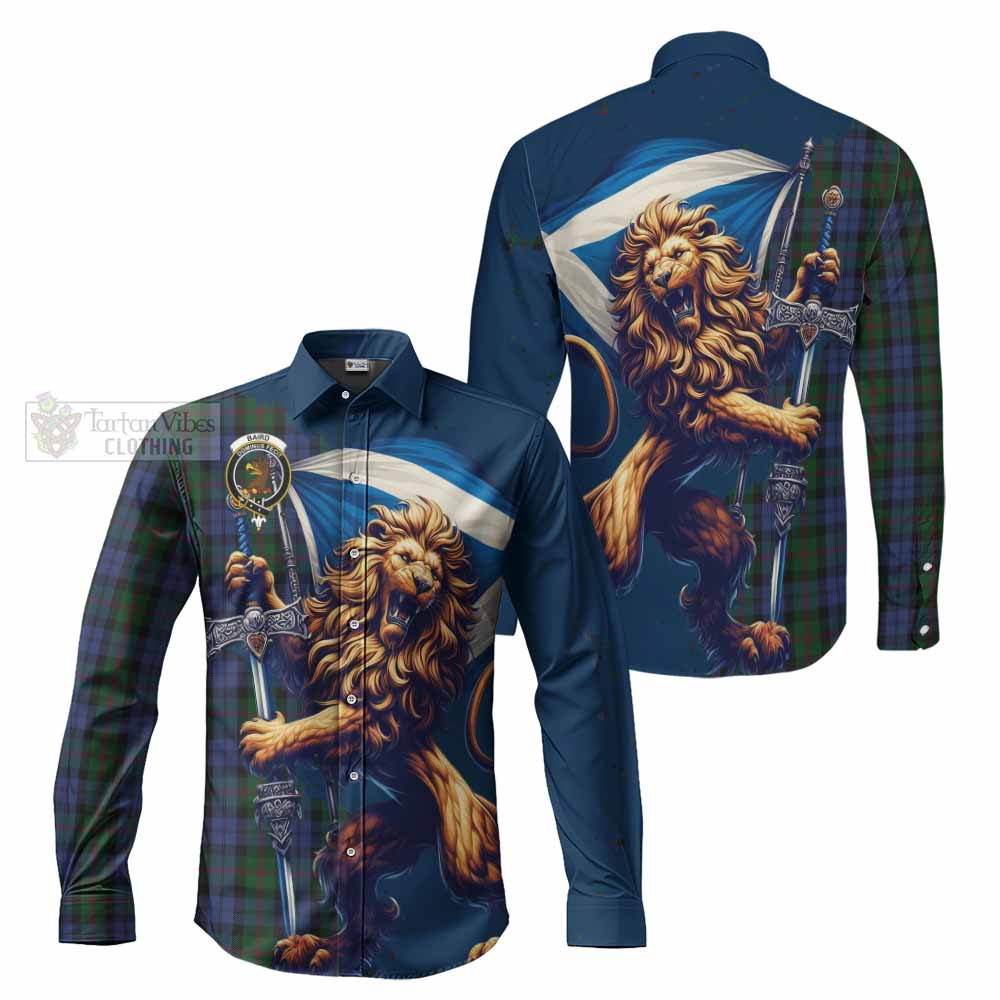 Tartan Vibes Clothing Baird Tartan Family Crest Long Sleeve Button Shirt with Scottish Majestic Lion