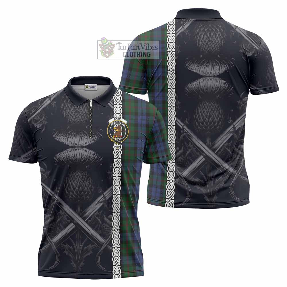 Tartan Vibes Clothing Baird Tartan Zipper Polo Shirt with Family Crest Cross Sword Thistle Celtic Vibes