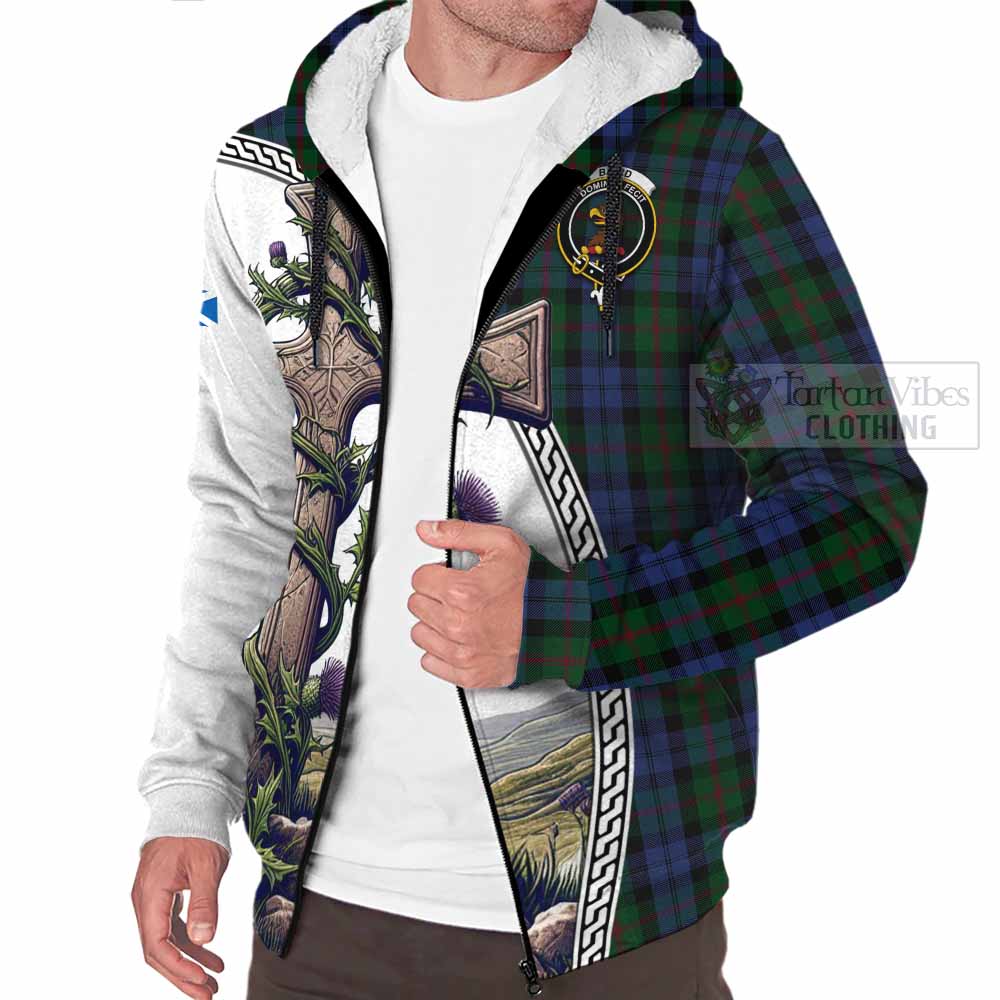 Tartan Vibes Clothing Baird Tartan Sherpa Hoodie with Family Crest and St. Andrew's Cross Accented by Thistle Vines