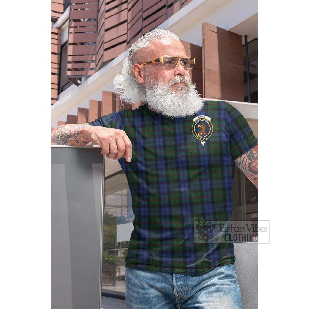 Tartan Vibes Clothing Baird Tartan Cotton T-shirt with Family Crest and Bearded Skull Holding Bottles of Whiskey