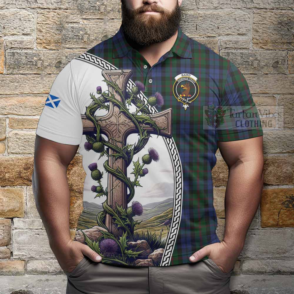 Tartan Vibes Clothing Baird Tartan Polo Shirt with Family Crest and St. Andrew's Cross Accented by Thistle Vines