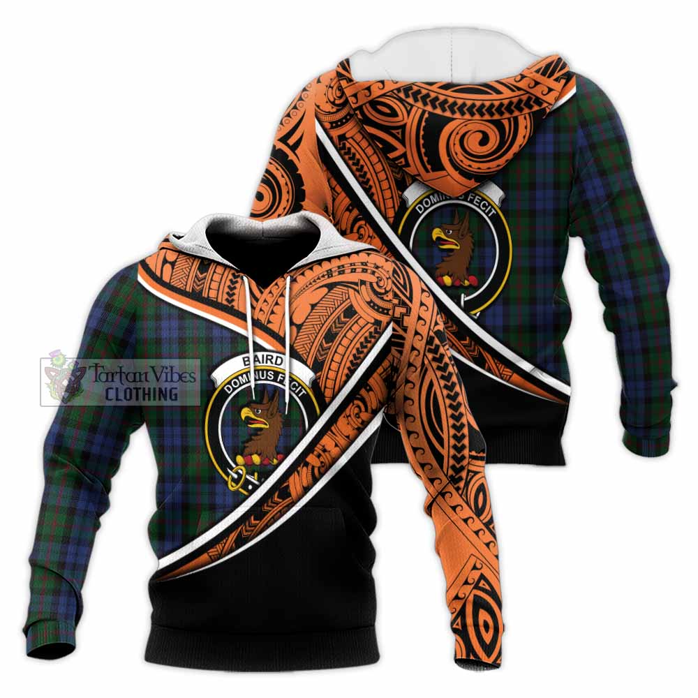 Tartan Vibes Clothing Baird Crest Tartan Knitted Hoodie with Maori Tattoo Style - Orange Version