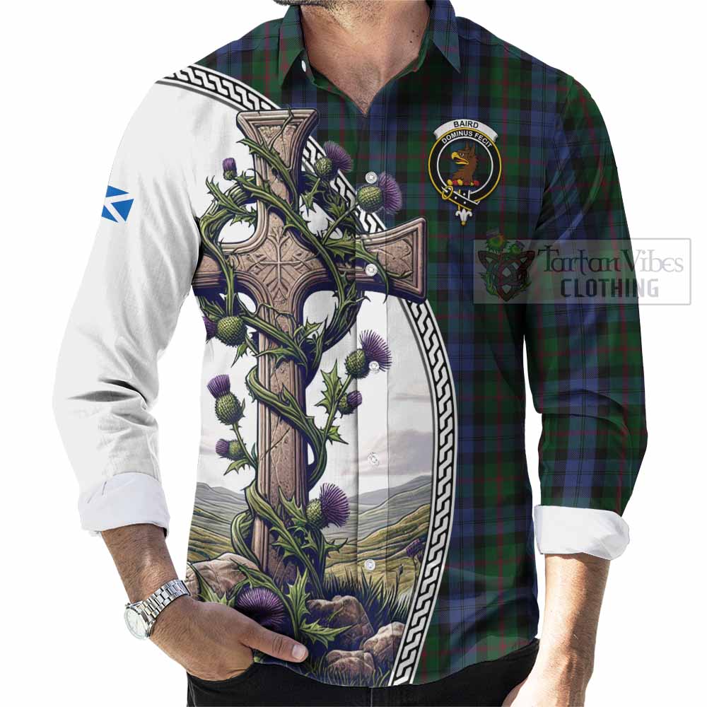 Tartan Vibes Clothing Baird Tartan Long Sleeve Button Shirt with Family Crest and St. Andrew's Cross Accented by Thistle Vines