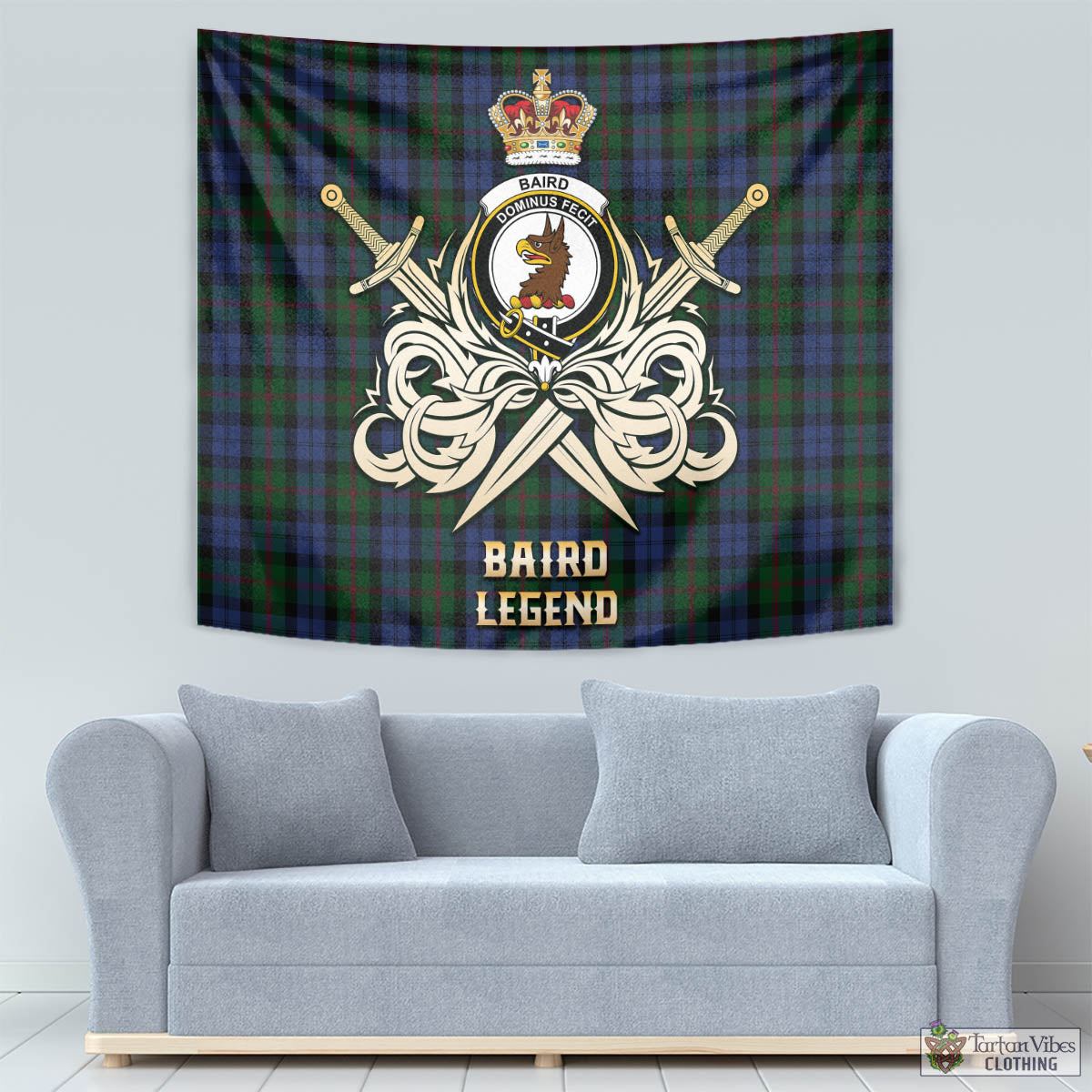 Tartan Vibes Clothing Baird Tartan Tapestry with Clan Crest and the Golden Sword of Courageous Legacy