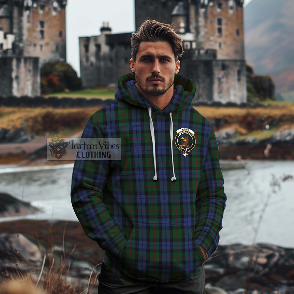 Tartan Vibes Clothing Baird Tartan Cotton Hoodie with Family Crest and Bearded Skull Holding Bottles of Whiskey