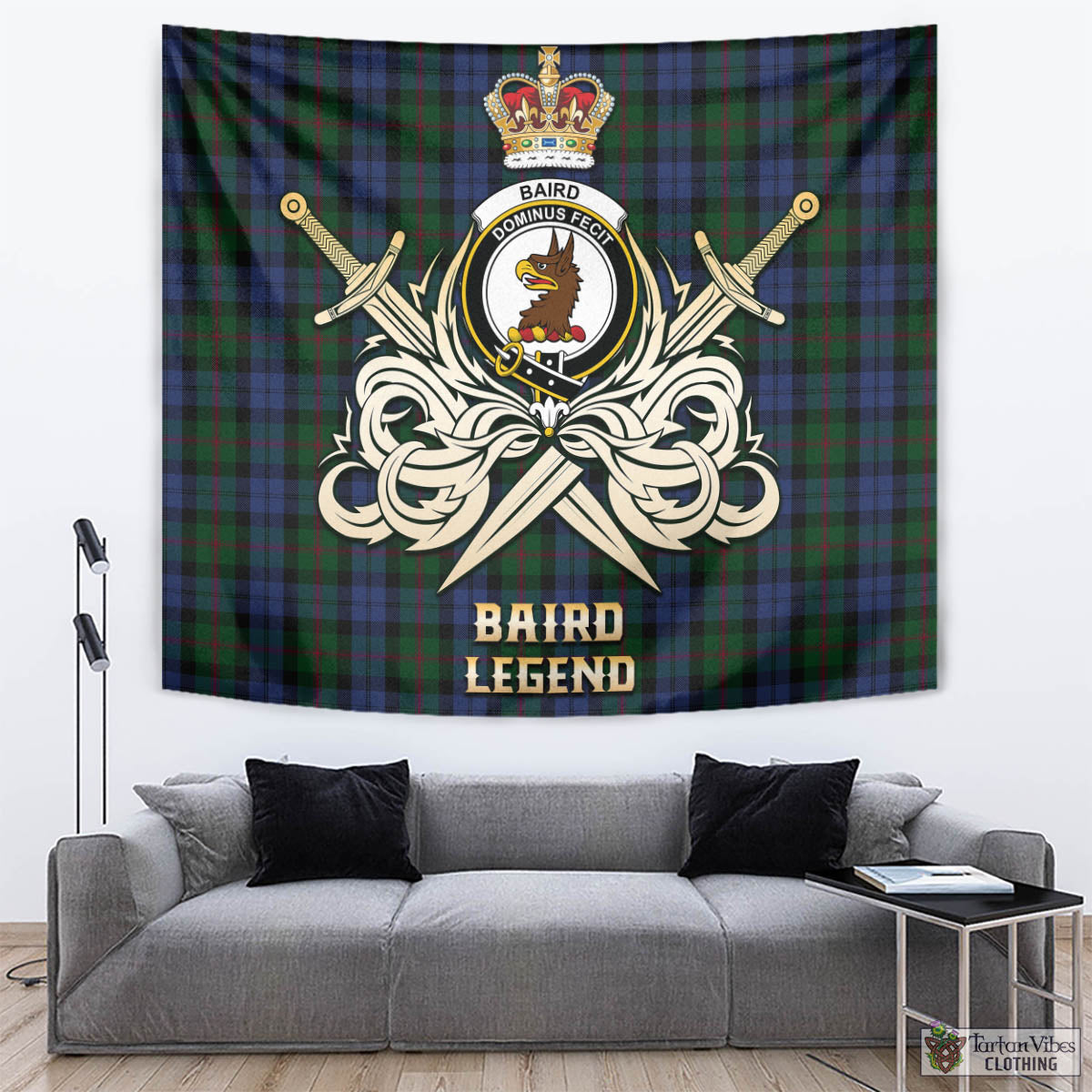 Tartan Vibes Clothing Baird Tartan Tapestry with Clan Crest and the Golden Sword of Courageous Legacy