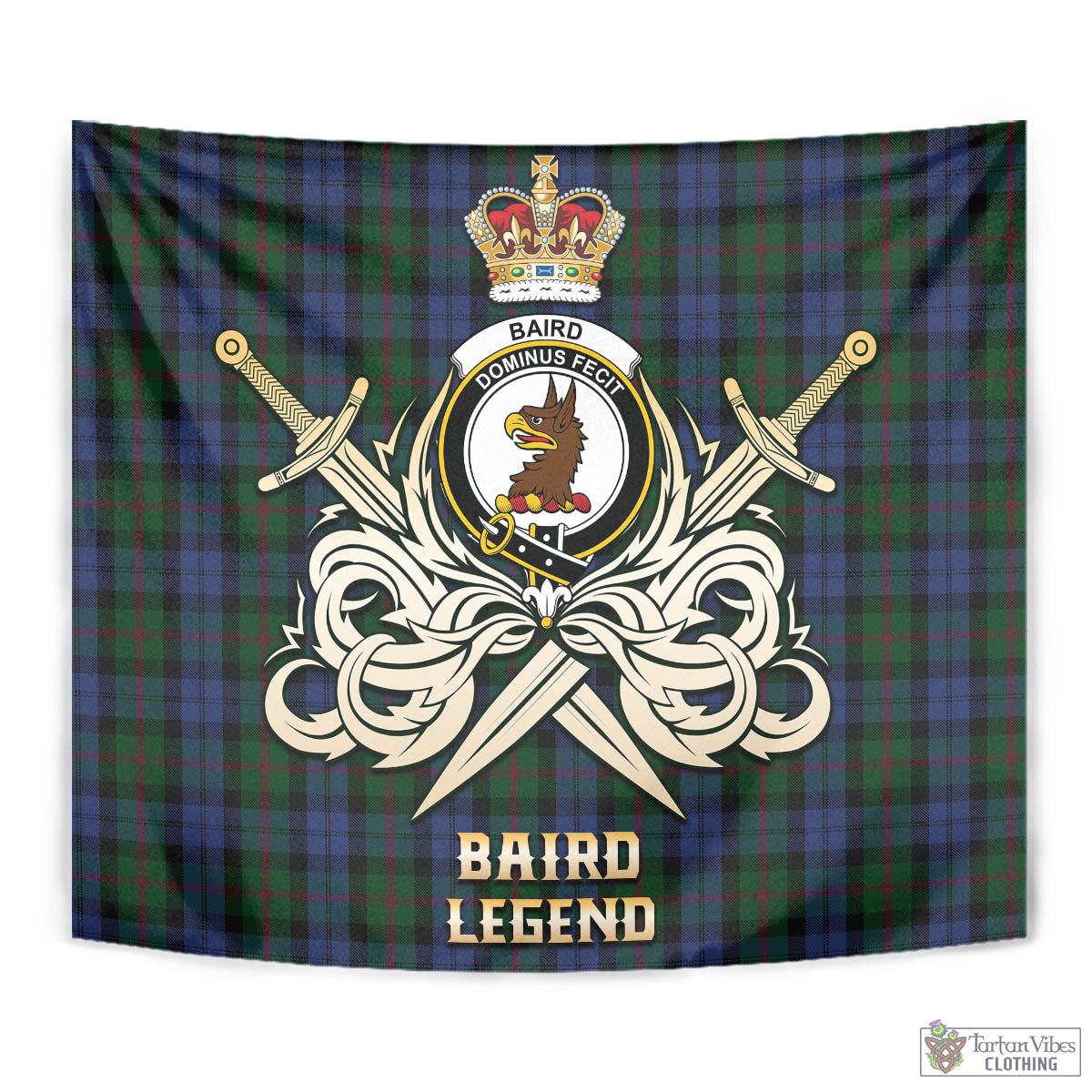 Tartan Vibes Clothing Baird Tartan Tapestry with Clan Crest and the Golden Sword of Courageous Legacy