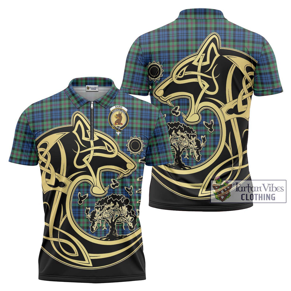 Baird Ancient Tartan Zipper Polo Shirt with Family Crest Celtic Wolf Style Unisex - Tartanvibesclothing Shop