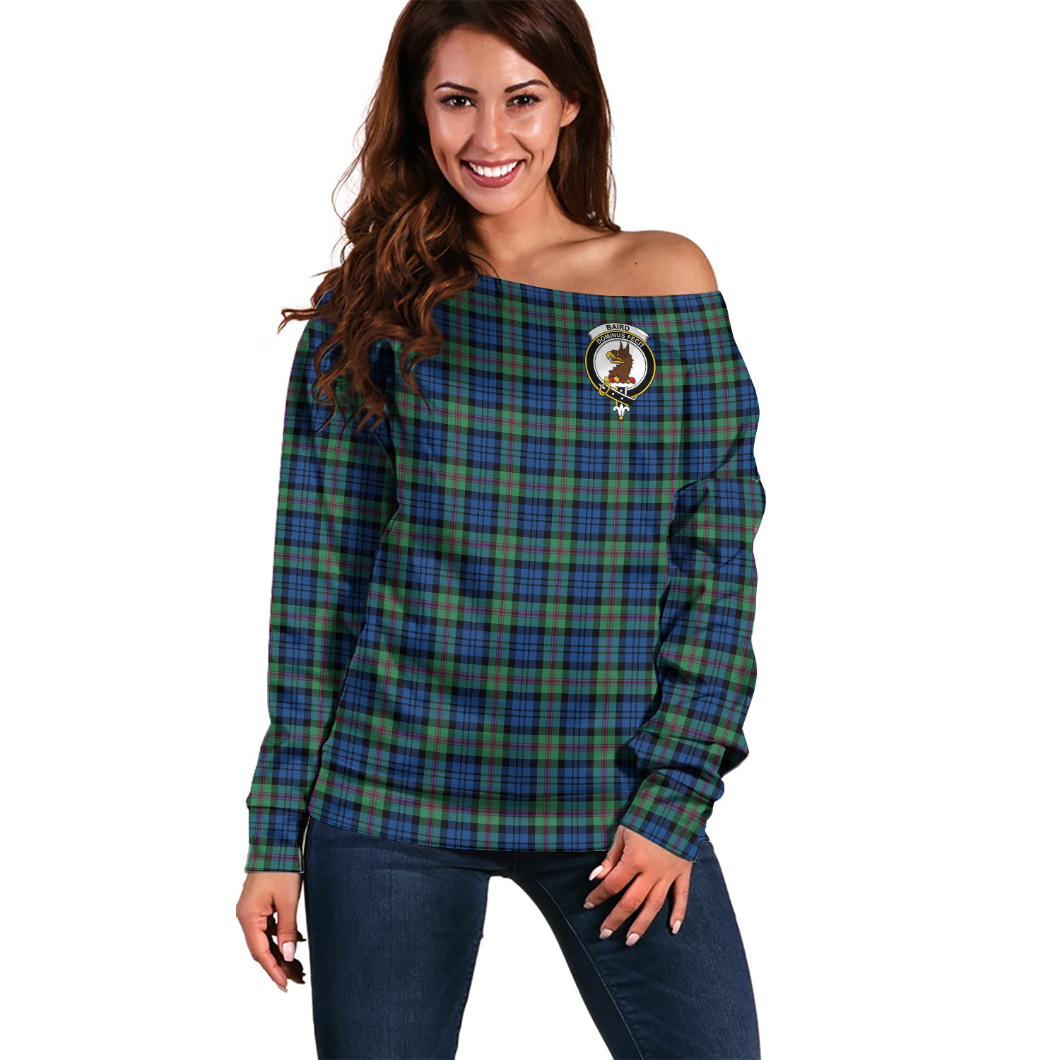 Baird Ancient Tartan Off Shoulder Women Sweater with Family Crest Women - Tartanvibesclothing