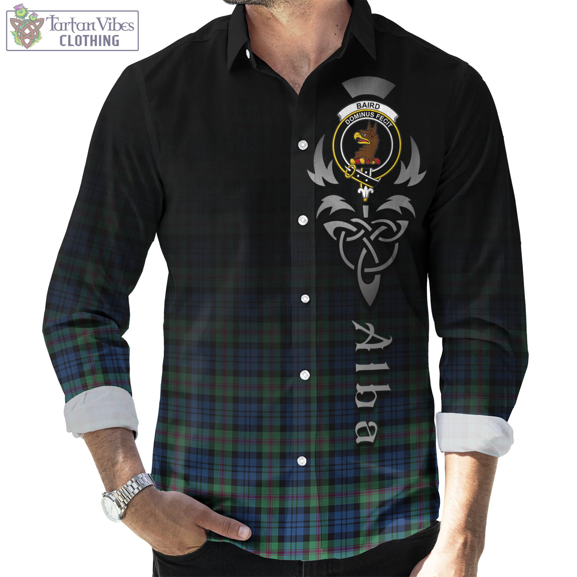 Tartan Vibes Clothing Baird Ancient Tartan Long Sleeve Button Up Featuring Alba Gu Brath Family Crest Celtic Inspired