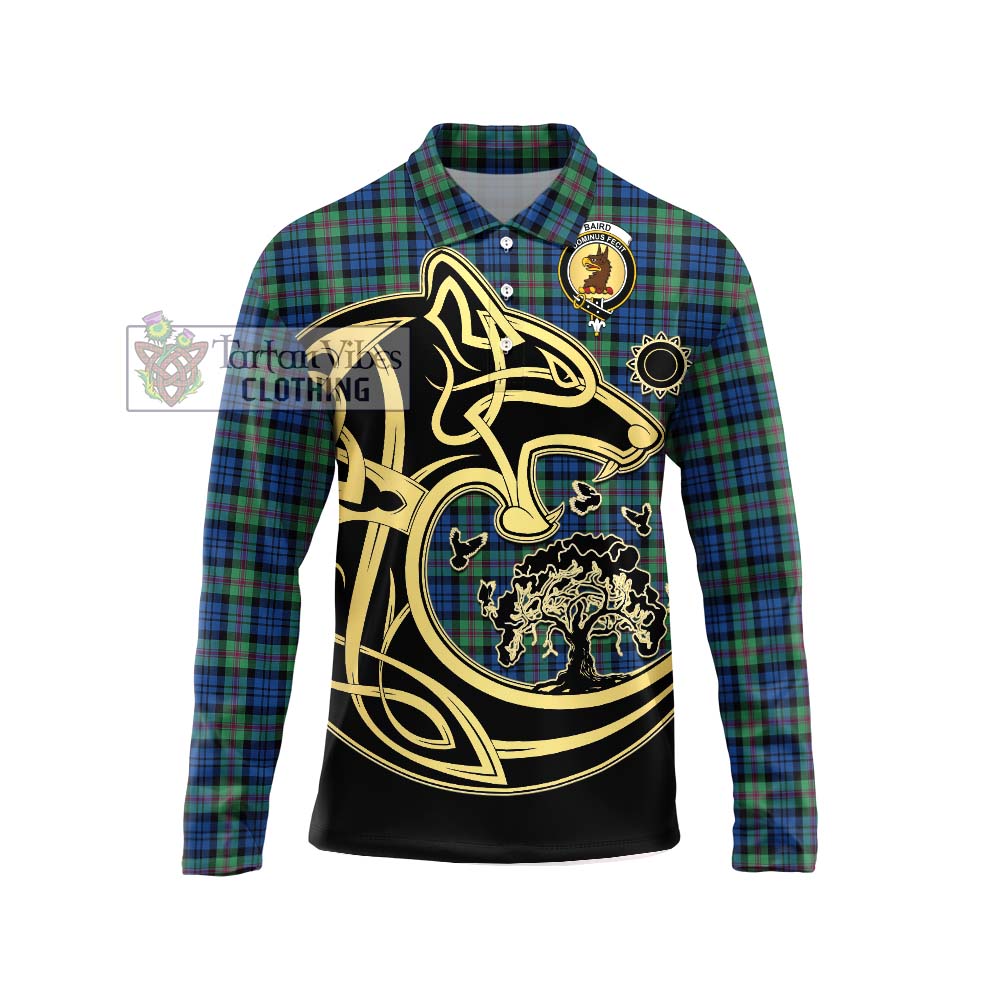 Baird Ancient Tartan Long Sleeve Polo Shirt with Family Crest Celtic Wolf Style Unisex - Tartanvibesclothing Shop