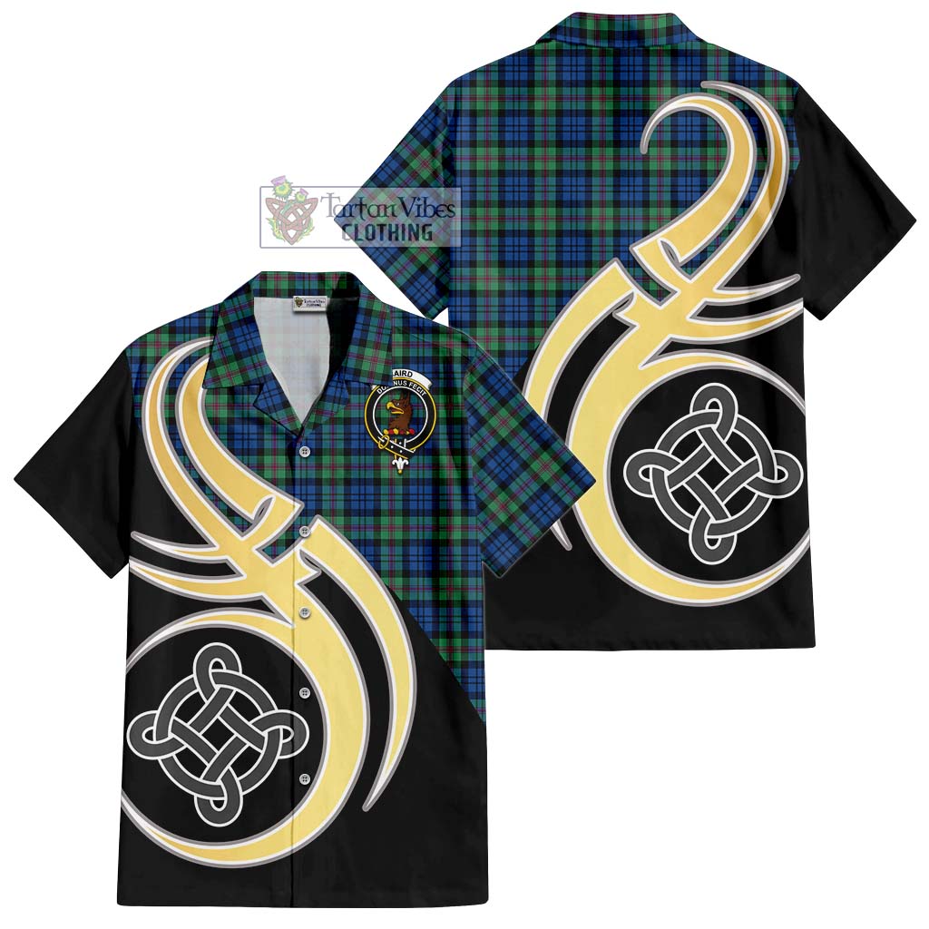 Baird Ancient Tartan Short Sleeve Button Shirt with Family Crest and Celtic Symbol Style - Tartan Vibes Clothing