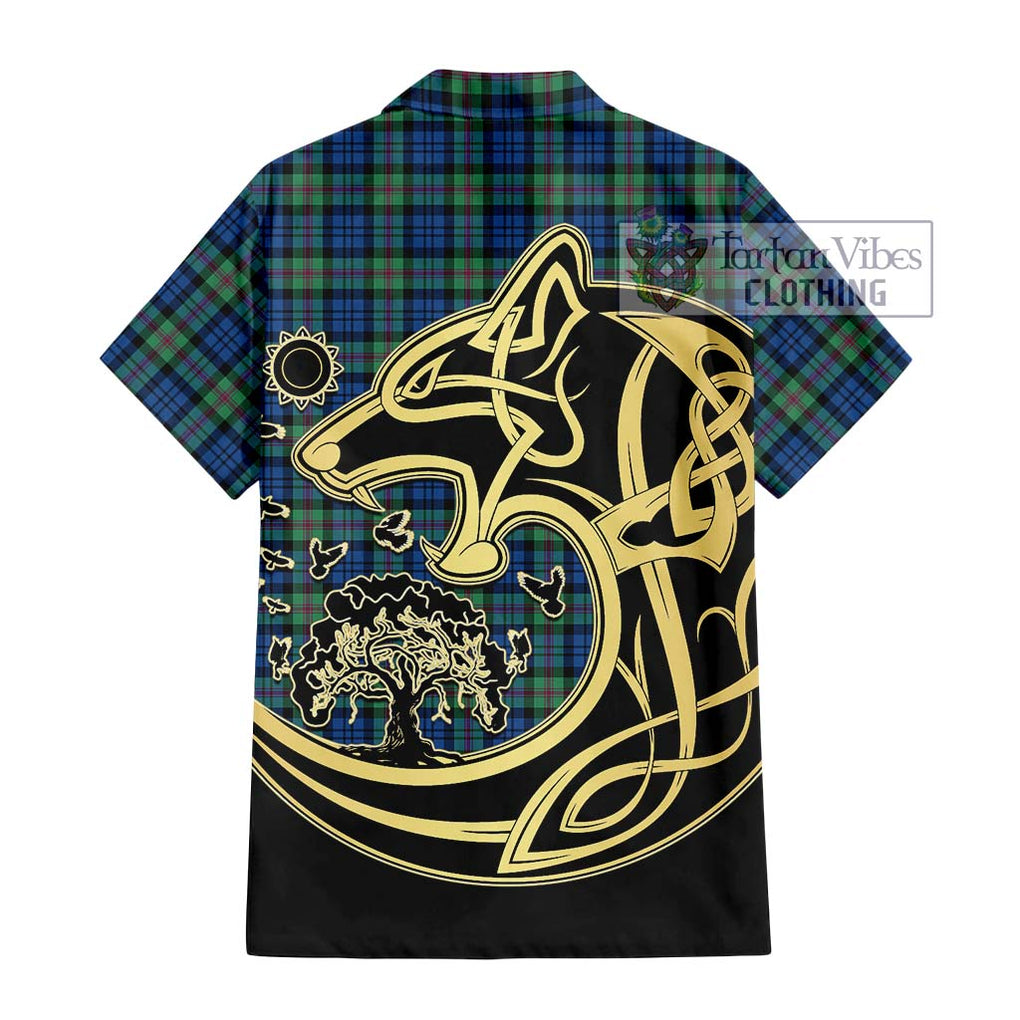 Baird Ancient Tartan Short Sleeve Button Shirt with Family Crest Celtic Wolf Style - Tartan Vibes Clothing