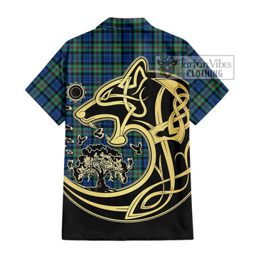 Baird Ancient Tartan Short Sleeve Button Shirt with Family Crest Celtic Wolf Style