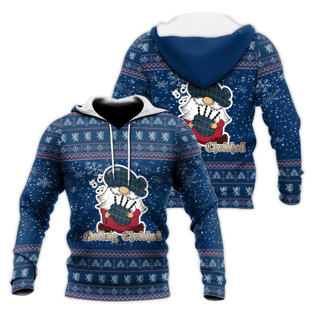 Baird Ancient Clan Christmas Knitted Hoodie with Funny Gnome Playing Bagpipes Blue - Tartanvibesclothing
