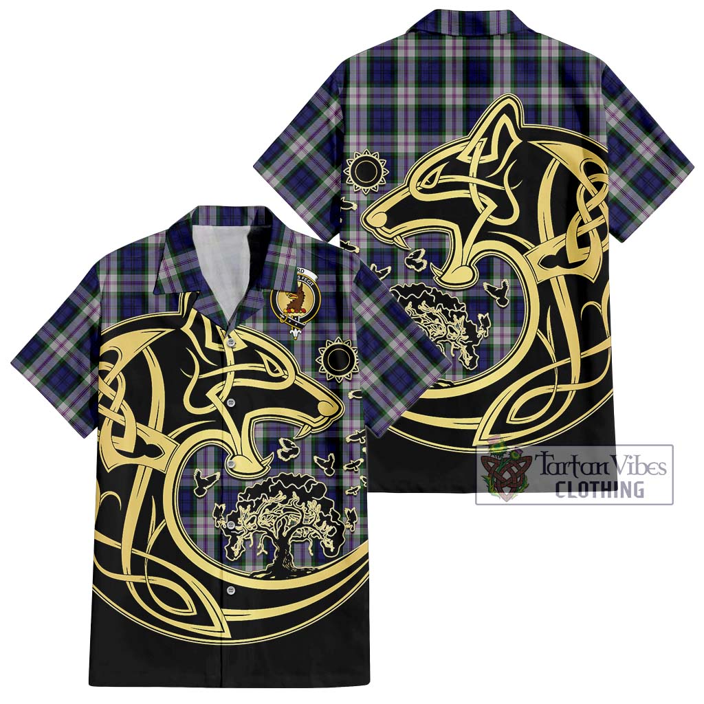 Tartan Vibes Clothing Baird Dress Tartan Short Sleeve Button Shirt with Family Crest Celtic Wolf Style