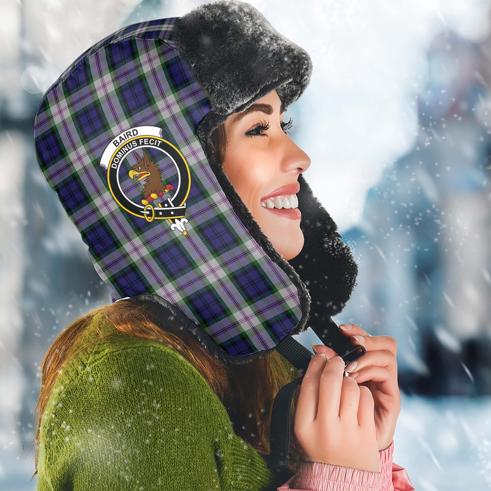 Baird Dress Tartan Winter Trapper Hat with Family Crest Winter Trapper Hat Universal Fit Circumference 22.8in (58cm) - Tartanvibesclothing