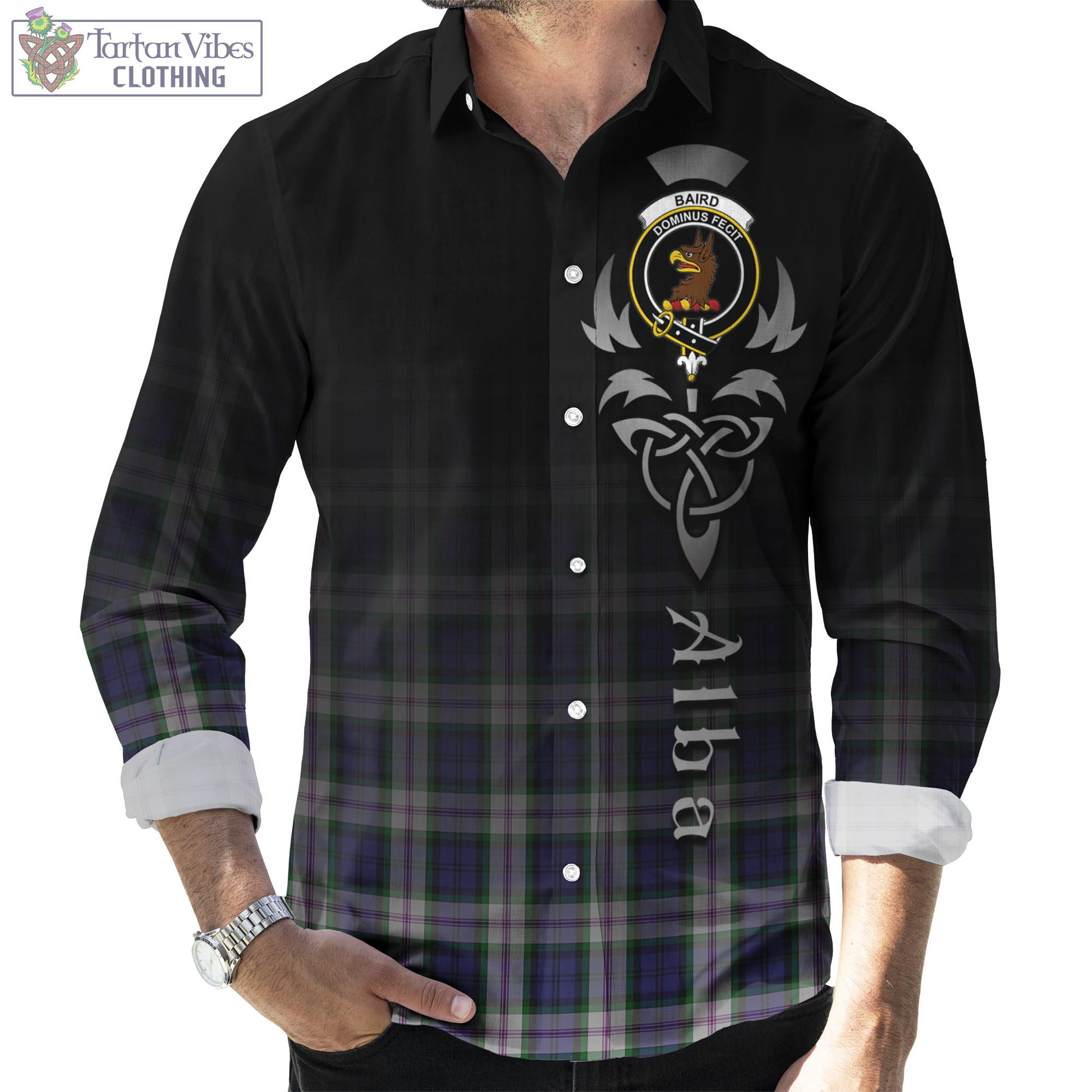 Tartan Vibes Clothing Baird Dress Tartan Long Sleeve Button Up Featuring Alba Gu Brath Family Crest Celtic Inspired