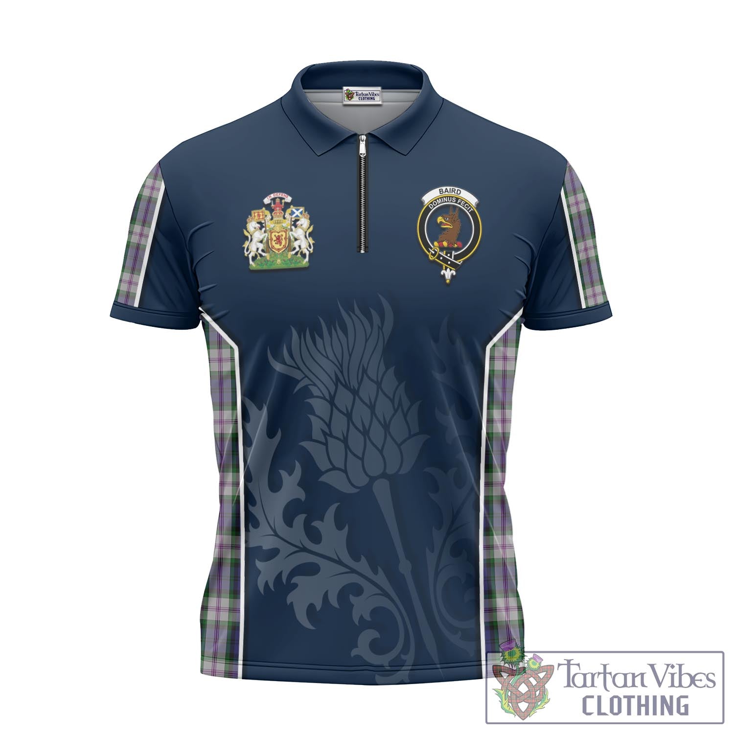 Tartan Vibes Clothing Baird Dress Tartan Zipper Polo Shirt with Family Crest and Scottish Thistle Vibes Sport Style