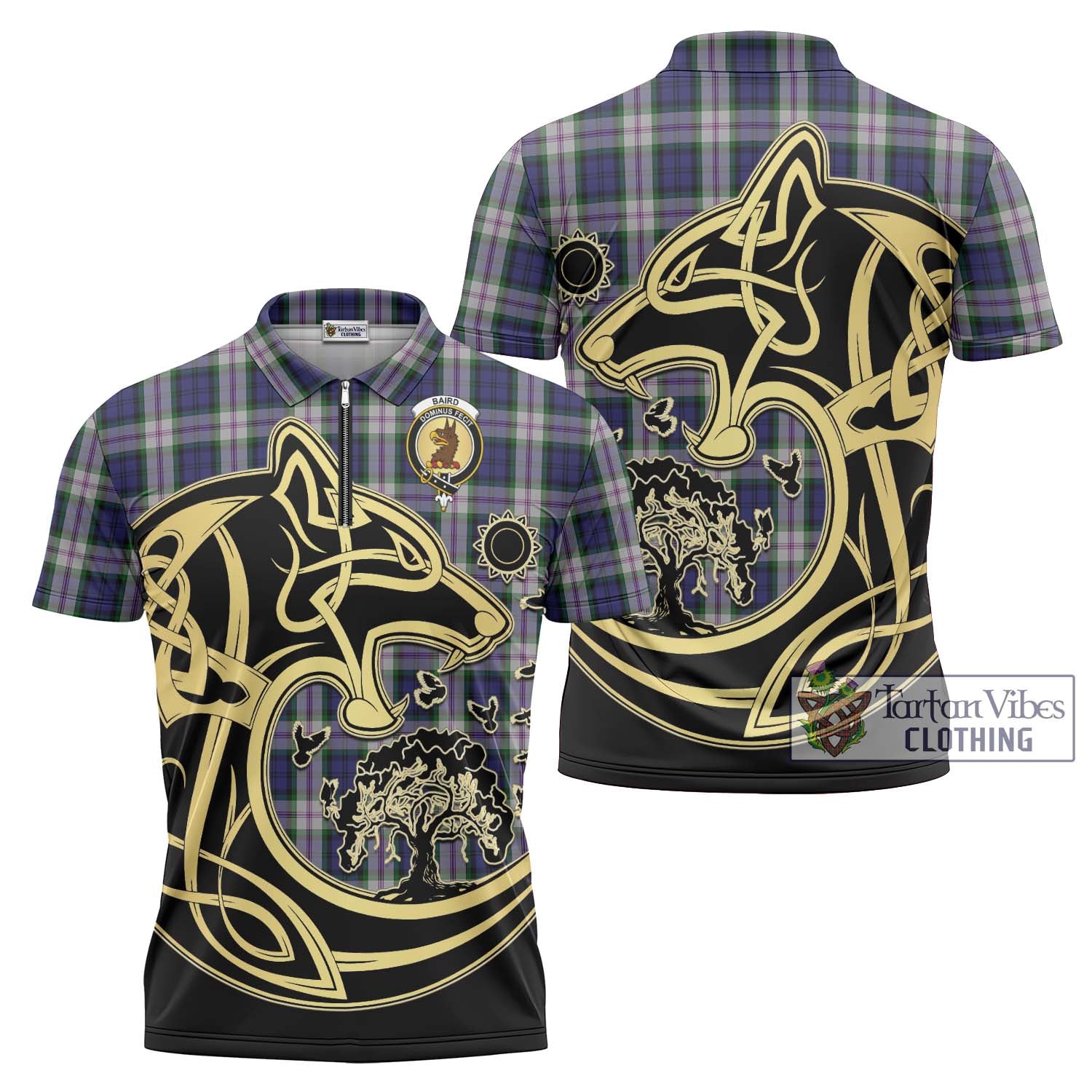 Tartan Vibes Clothing Baird Dress Tartan Zipper Polo Shirt with Family Crest Celtic Wolf Style