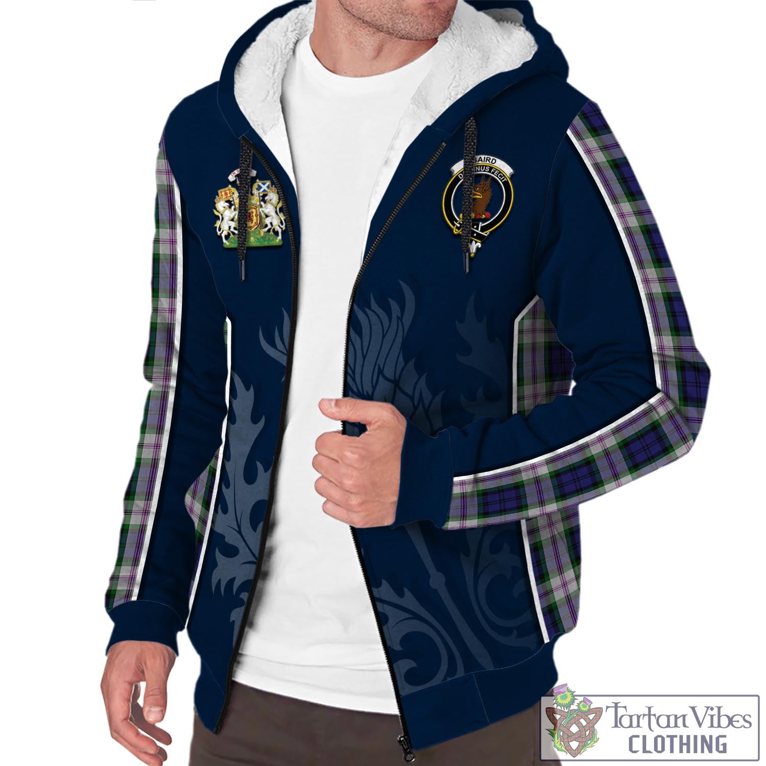 Tartan Vibes Clothing Baird Dress Tartan Sherpa Hoodie with Family Crest and Scottish Thistle Vibes Sport Style