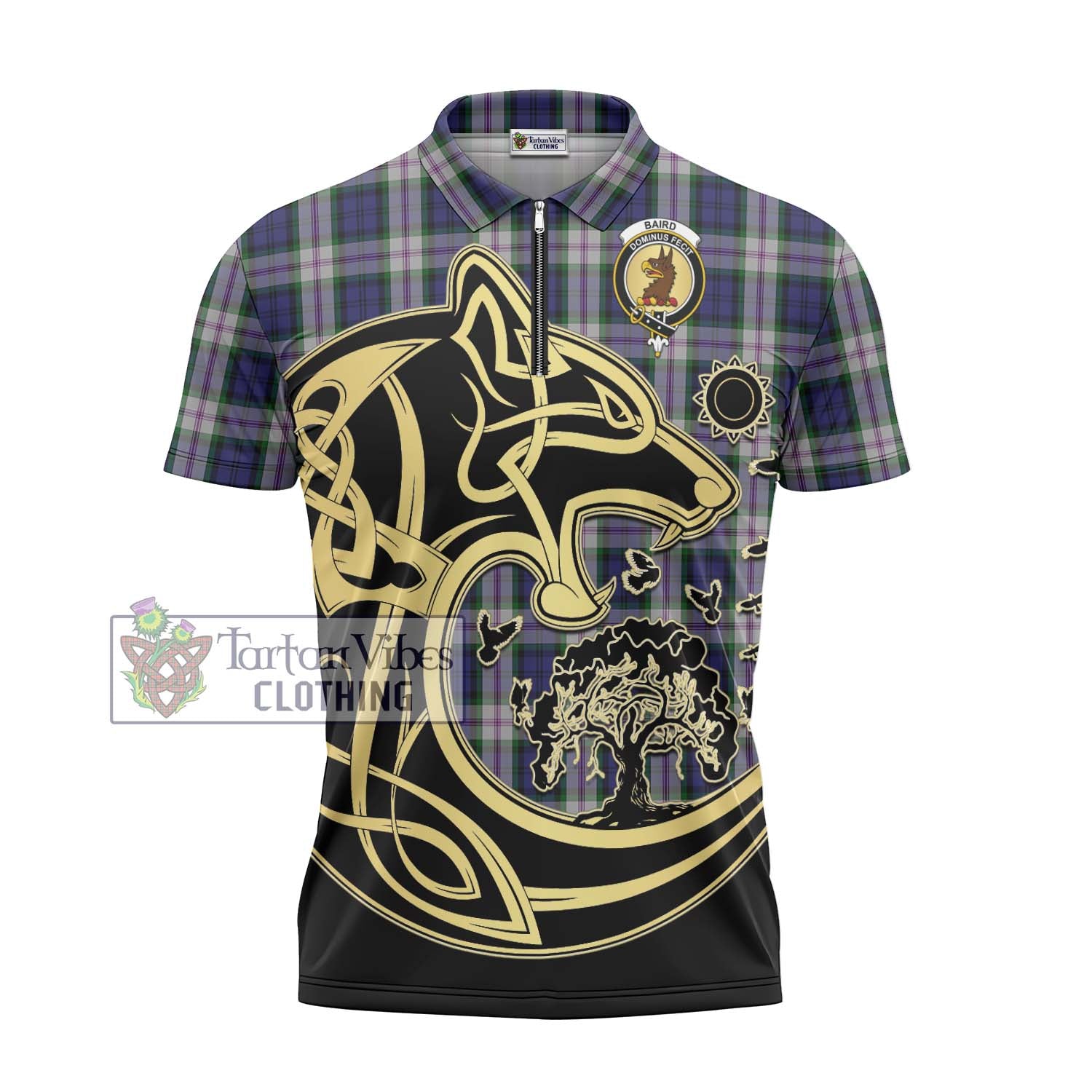 Tartan Vibes Clothing Baird Dress Tartan Zipper Polo Shirt with Family Crest Celtic Wolf Style