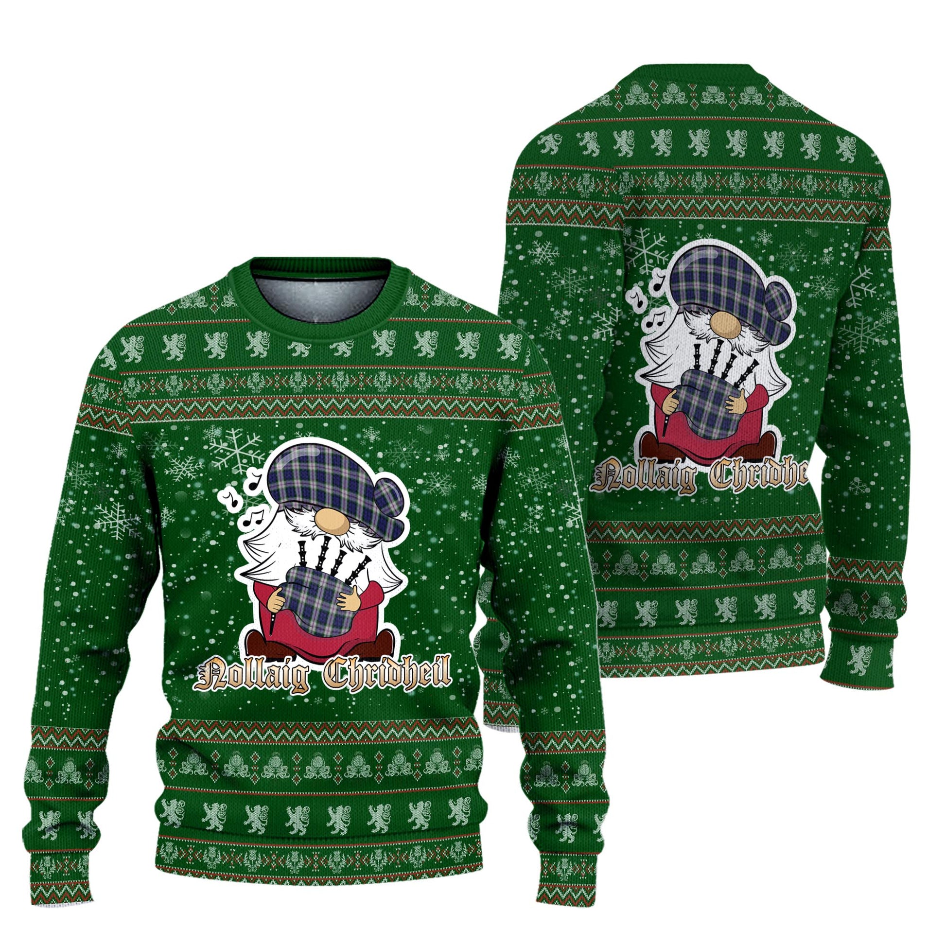 Baird Dress Clan Christmas Family Knitted Sweater with Funny Gnome Playing Bagpipes Unisex Green - Tartanvibesclothing
