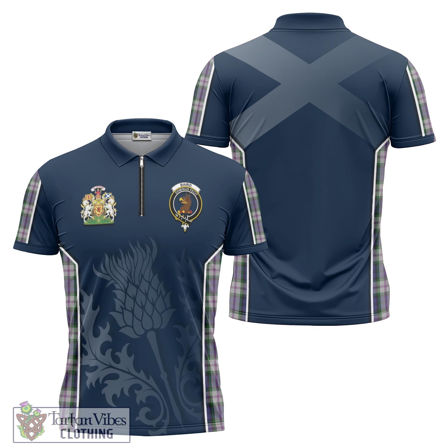 Tartan Vibes Clothing Baird Dress Tartan Zipper Polo Shirt with Family Crest and Scottish Thistle Vibes Sport Style