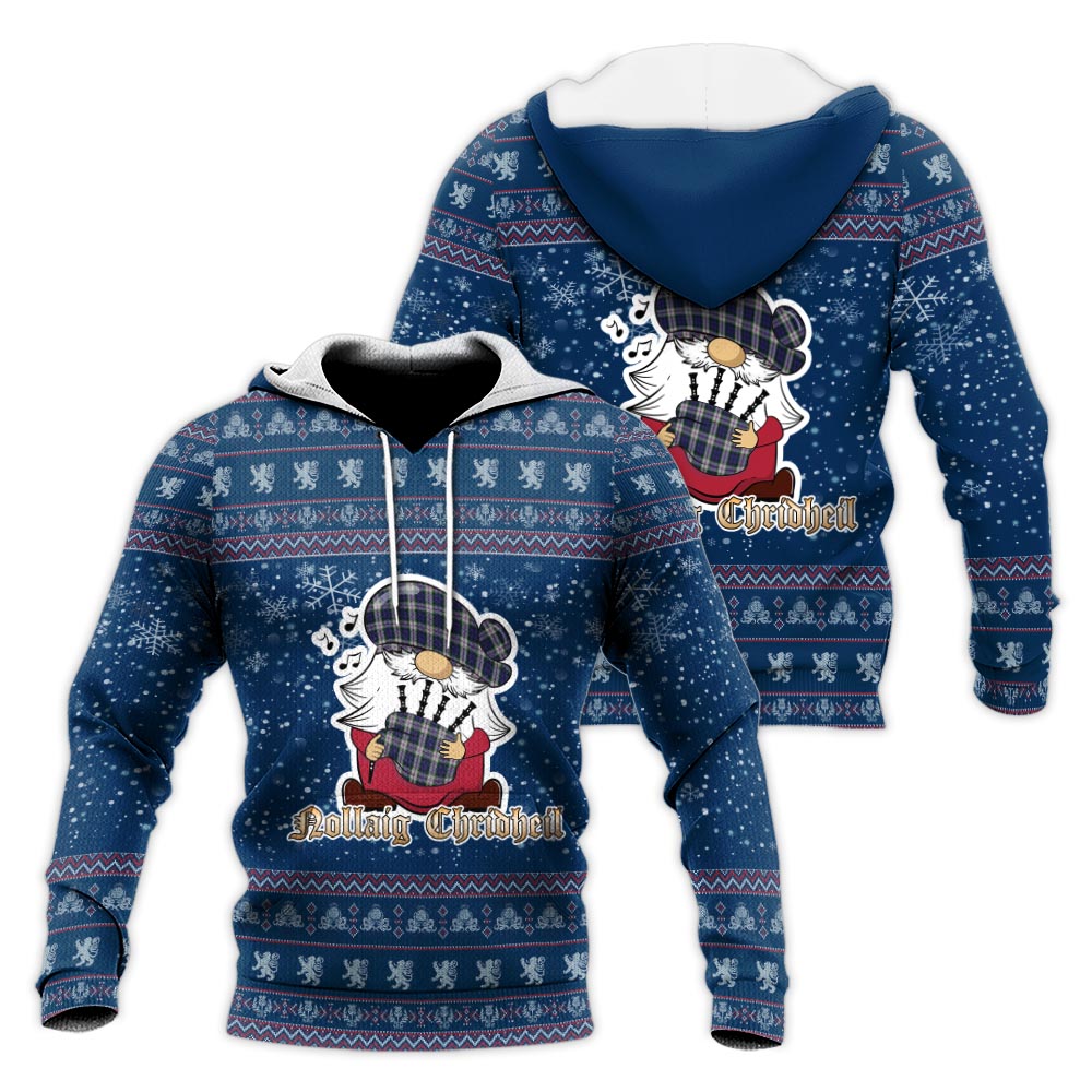 Baird Dress Clan Christmas Knitted Hoodie with Funny Gnome Playing Bagpipes Blue - Tartanvibesclothing