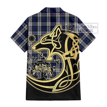 Baird Dress Tartan Short Sleeve Button Shirt with Family Crest Celtic Wolf Style