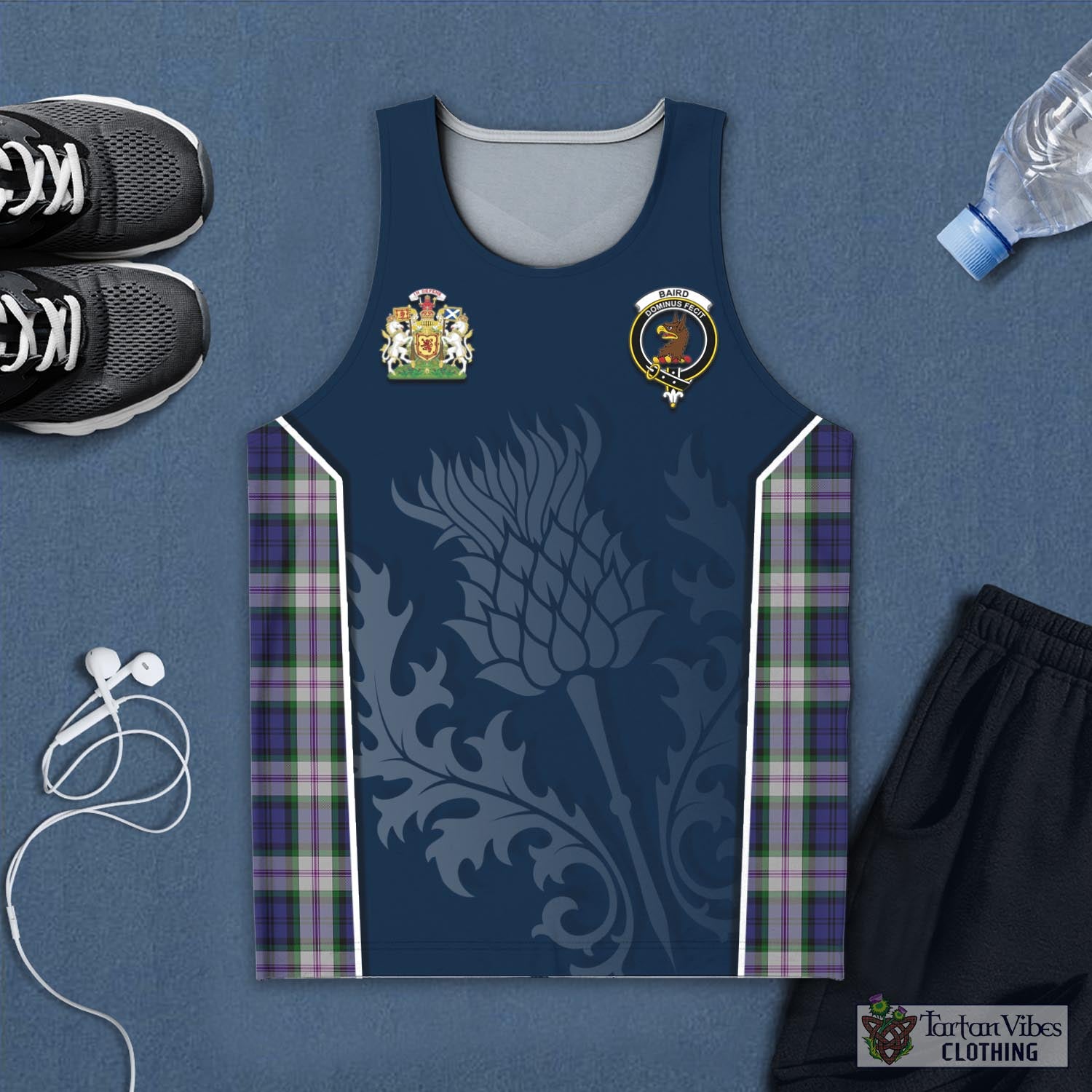 Tartan Vibes Clothing Baird Dress Tartan Men's Tanks Top with Family Crest and Scottish Thistle Vibes Sport Style