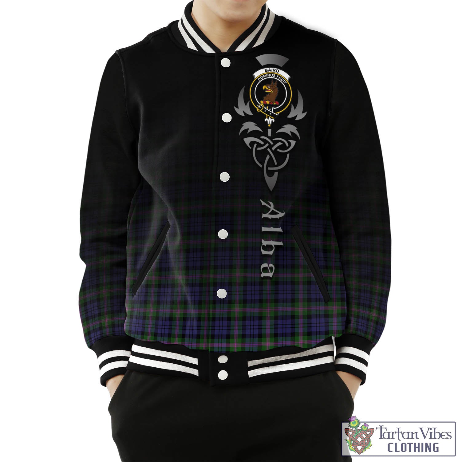 Tartan Vibes Clothing Baird Modern Tartan Baseball Jacket Featuring Alba Gu Brath Family Crest Celtic Inspired