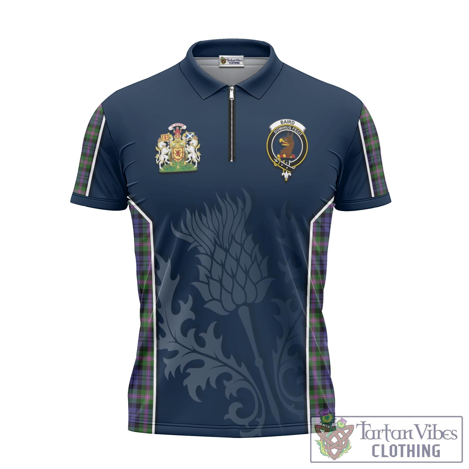 Tartan Vibes Clothing Baird Modern Tartan Zipper Polo Shirt with Family Crest and Scottish Thistle Vibes Sport Style